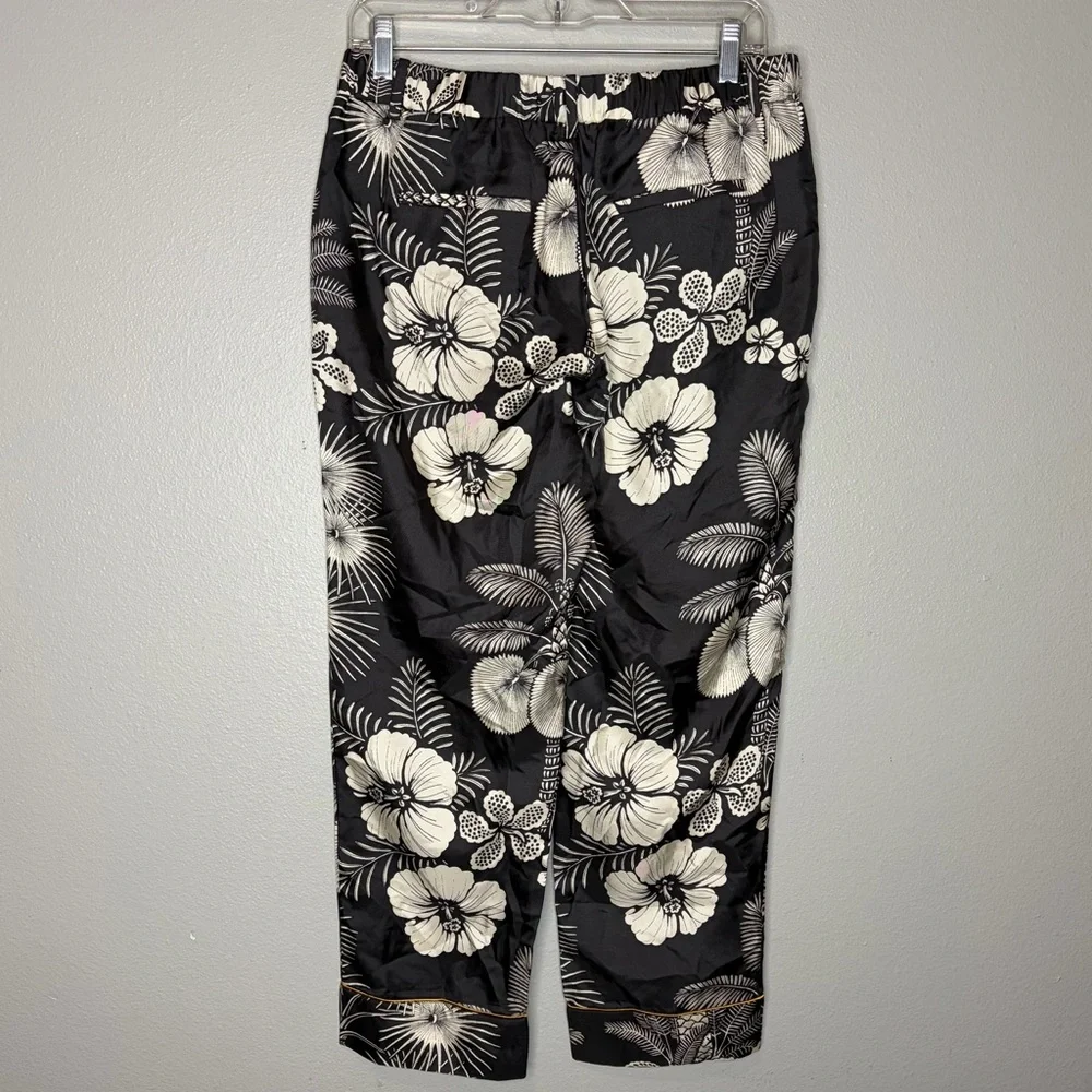J Crew 100% Silk Trouser‎ Pants Women 6 Black Floral Crop Gold Piping Tropical